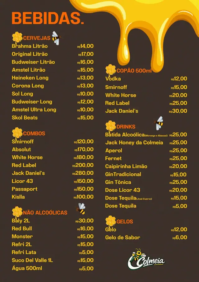 Colmeia · cardápio de bebidas